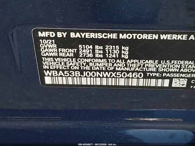 Продаж на аукціоні авто 2022 Bmw 540 I, vin: WBA53BJ00NWX50460, номер лоту: 45348877