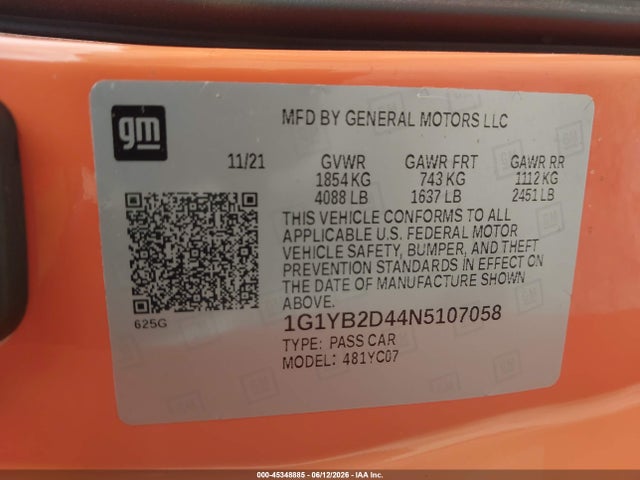 1G1YB2D44N5107058 Chevrolet Corvette Stingray Rwd 2lt