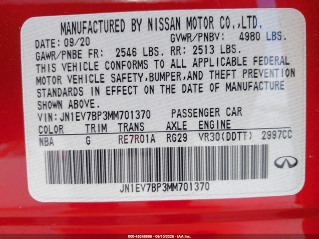 2021 Infiniti Q50 Luxe მანქანა იყიდება აუქციონზე, vin: JN1EV7BP3MM701370, აუქციონის ნომერი: 45348896