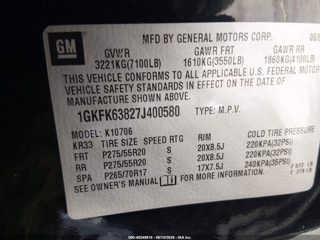 Aukcja sprzedaży 2007 Gmc Yukon Denali Denali, vin: 1GKFK63827J400580, numer aukcji: 45348918