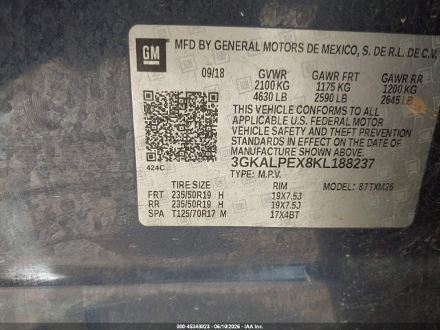 45348923 :رقم المزاد ، 3GKALPEX8KL188237 vin ، 2019 Gmc Terrain Slt مزاد بيع