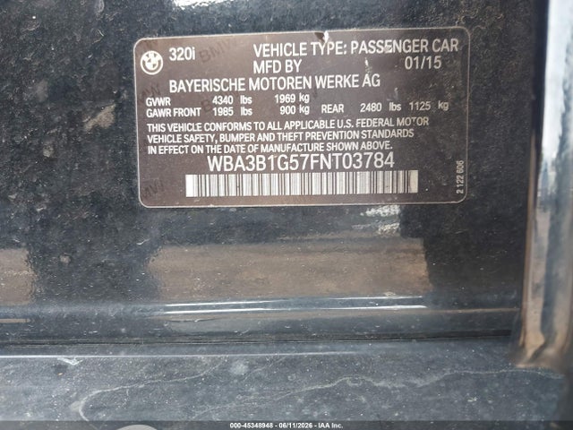 45348948 :رقم المزاد ، WBA3B1G57FNT03784 vin ، 2015 Bmw 320i مزاد بيع