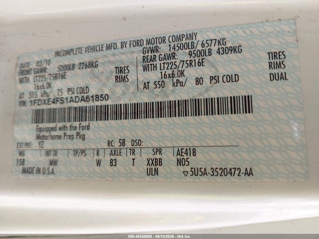 45348980 :رقم المزاد ، 1FDXE4FS1ADA61850 vin ، 2010 Ford E-450 Cutaway مزاد بيع