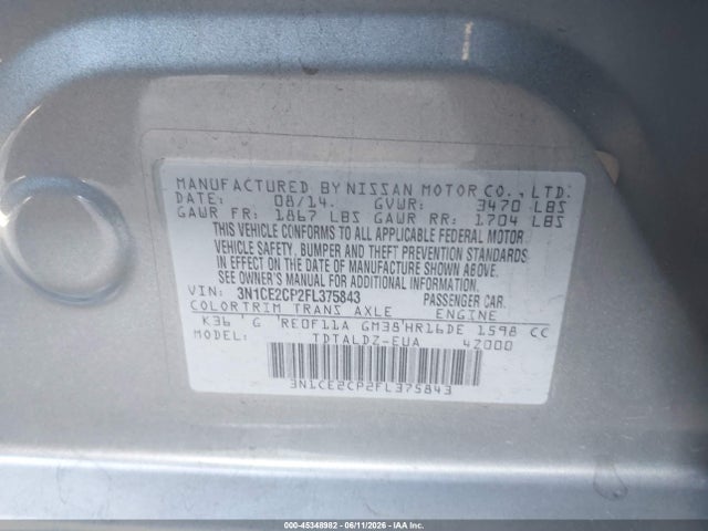 Продажа на аукционе авто 2015 Nissan Versa Note S (sr)/s Plus/sl/sr/sv, vin: 3N1CE2CP2FL375843, номер лота: 45348982
