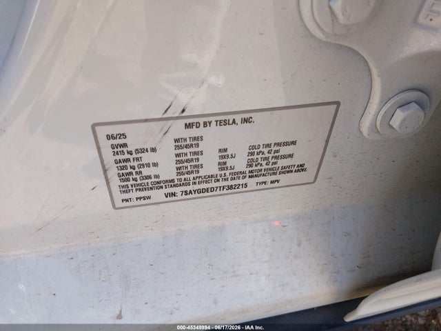 2026 Tesla Model Y Premium Rear-wheel Drive/rear-wheel Drive მანქანა იყიდება აუქციონზე, vin: 7SAYGDED7TF382215, აუქციონის ნომერი: 45348994