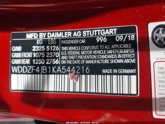 45349004 :رقم المزاد ، WDDZF4JB1KA544216 vin ، 2019 Mercedes-benz E 300 مزاد بيع