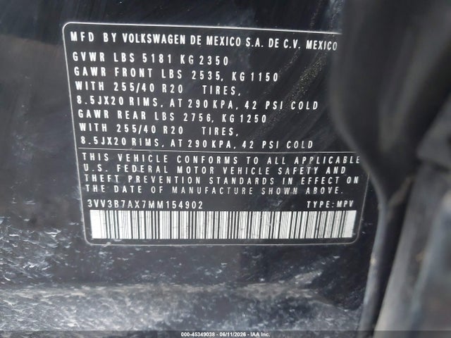 Продаж на аукціоні авто 2021 Volkswagen Tiguan 2.0t Se/2.0t Se R-line Black/2.0t Sel, vin: 3VV3B7AX7MM154902, номер лоту: 45349038