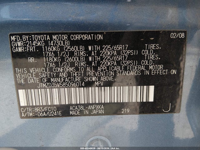 Aukcja sprzedaży 2008 Toyota Rav4, vin: JTMZD35V585096014, numer aukcji: 45349039