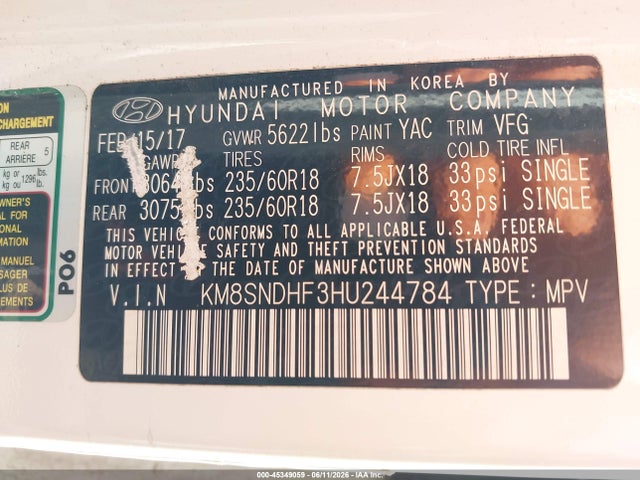 Aukcja sprzedaży 2017 Hyundai Santa Fe Se, vin: KM8SNDHF3HU244784, numer aukcji: 45349059