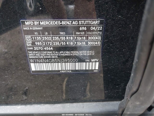 45349060 :رقم المزاد ، W1N4N4GB5NJ395000 vin ، 2022 Mercedes-benz Gla 250 مزاد بيع