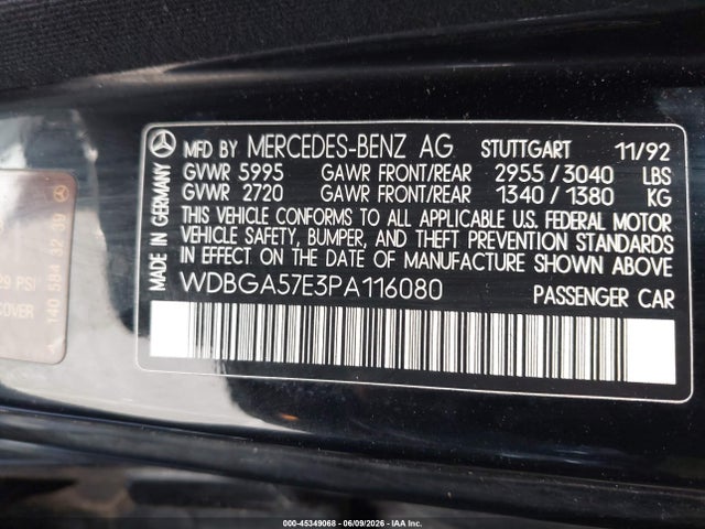 1993 Mercedes-benz 600 Sel მანქანა იყიდება აუქციონზე, vin: WDBGA57E3PA116080, აუქციონის ნომერი: 45349068