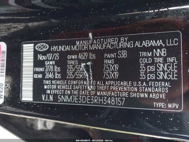 Aukcja sprzedaży 2024 Hyundai Tucson Limited, vin: 5NMJE3DE3RH348157, numer aukcji: 45349075