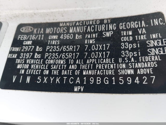 Aukcja sprzedaży 2011 Kia Sorento Lx, vin: 5XYKTCA19BG159427, numer aukcji: 45349079