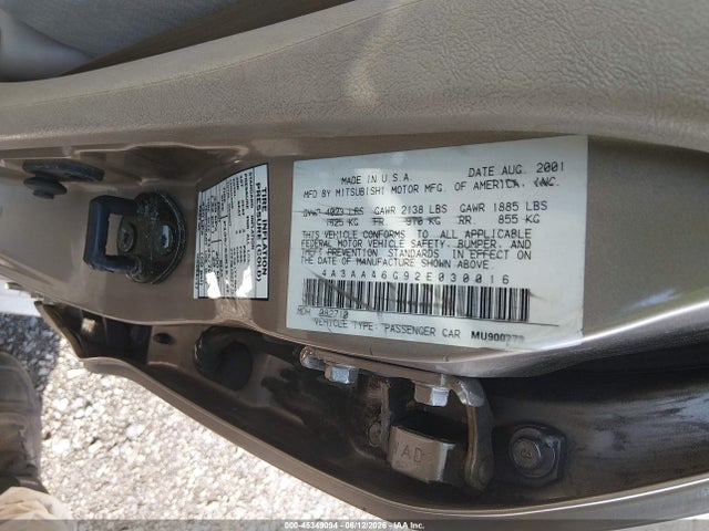 45349094 :رقم المزاد ، 4A3AA46G92E030016 vin ، 2002 Mitsubishi Galant Es/ls مزاد بيع