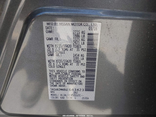 Nissan Pathfinder Platinum 2016 5N1AR2MN8GC643423 Image 9