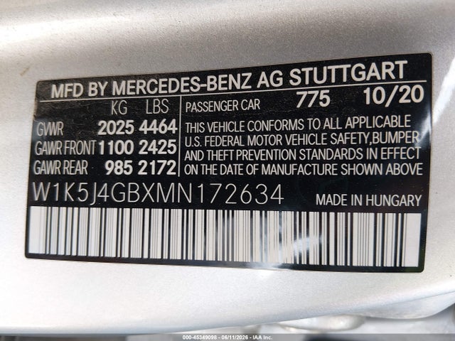 45349098 :رقم المزاد ، W1K5J4GBXMN172634 vin ، 2021 Mercedes-benz Cla 250 مزاد بيع