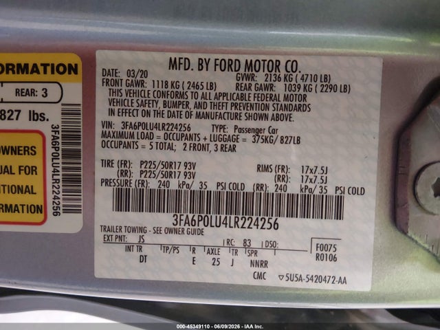 Ford Fusion Hybrid Se 2020 3FA6P0LU4LR224256 Image 9