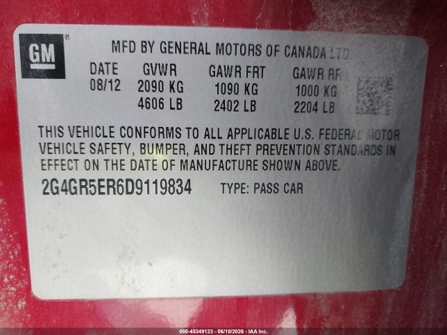45349123 :رقم المزاد ، 2G4GR5ER6D9119834 vin ، 2013 Buick Regal مزاد بيع