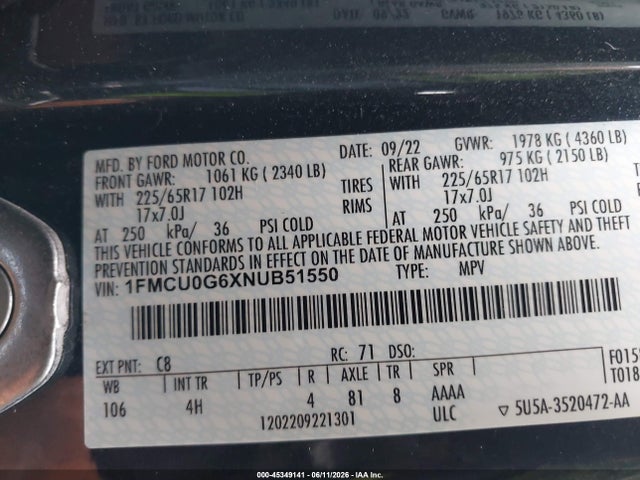 Ford ESCAPE SE 2022 1FMCU0G6XNUB51550 Image 9