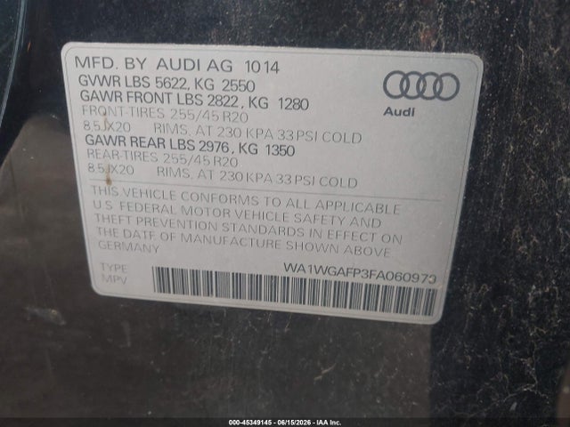 Продаж на аукціоні авто 2015 Audi Q5 3.0t Premium Plus, vin: WA1WGAFP3FA060979, номер лоту: 45349145