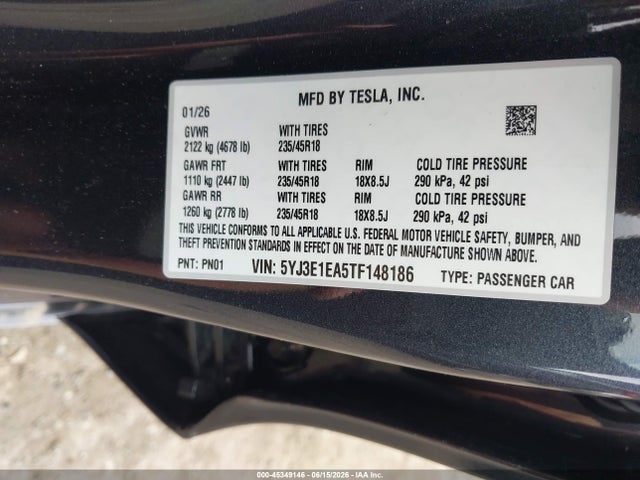 45349146 :رقم المزاد ، 5YJ3E1EA5TF148186 vin ، 2026 Tesla Model 3 Premium Rear-wheel Drive/rear-wheel Drive مزاد بيع