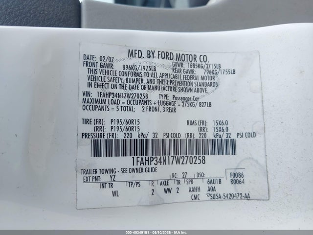 2007 Ford Focus S/se/ses მანქანა იყიდება აუქციონზე, vin: 1FAHP34N17W270258, აუქციონის ნომერი: 45349151