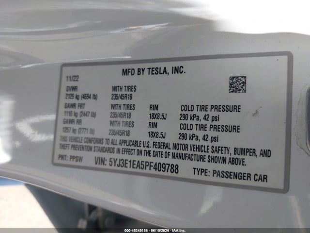 Продаж на аукціоні авто 2023 Tesla Model 3 Rear-wheel Drive, vin: 5YJ3E1EA5PF409788, номер лоту: 45349156