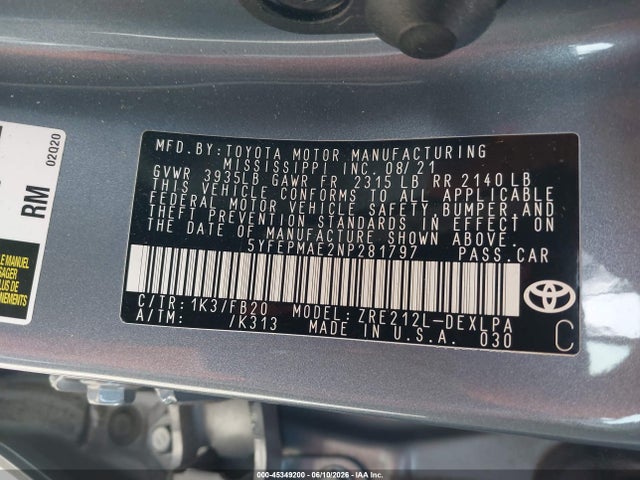 Aukcja sprzedaży 2022 Toyota Corolla Le, vin: 5YFEPMAE2NP281797, numer aukcji: 45349200