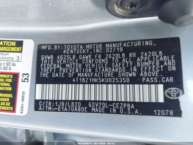 4T1BZ1HK5KU025350 Toyota Camry Xse V6