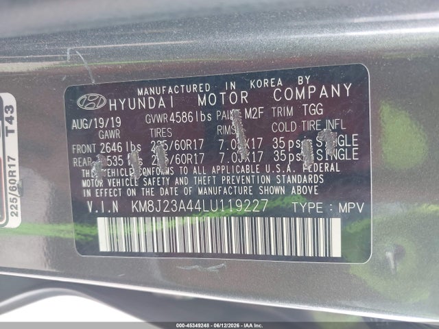 Aukcja sprzedaży 2020 Hyundai Tucson Se, vin: KM8J23A44LU119227, numer aukcji: 45349248
