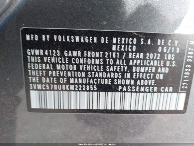 2019 Volkswagen Jetta 1.4t R-line/1.4t S/1.4t Se მანქანა იყიდება აუქციონზე, vin: 3VWC57BU8KM222855, აუქციონის ნომერი: 45349249