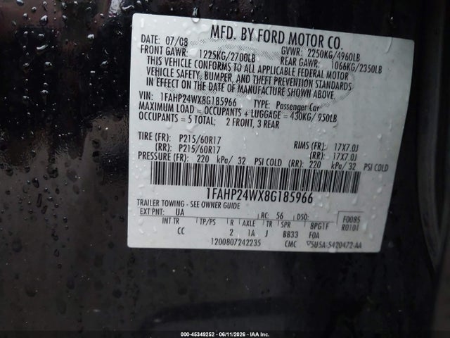 Aukcja sprzedaży 2008 Ford Taurus Sel, vin: 1FAHP24WX8G185966, numer aukcji: 45349252