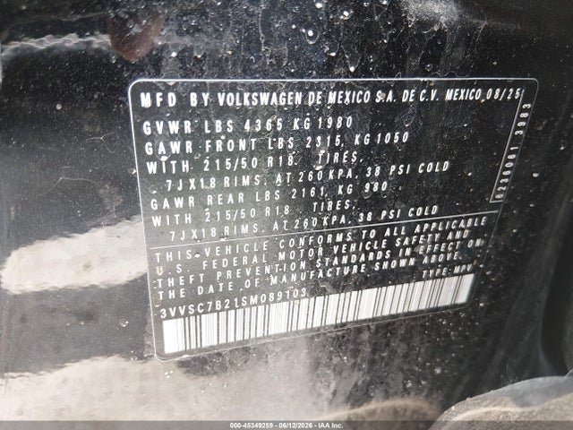 Aukcja sprzedaży 2025 Volkswagen Taos 1.5t Se, vin: 3VVSC7B21SM089103, numer aukcji: 45349259