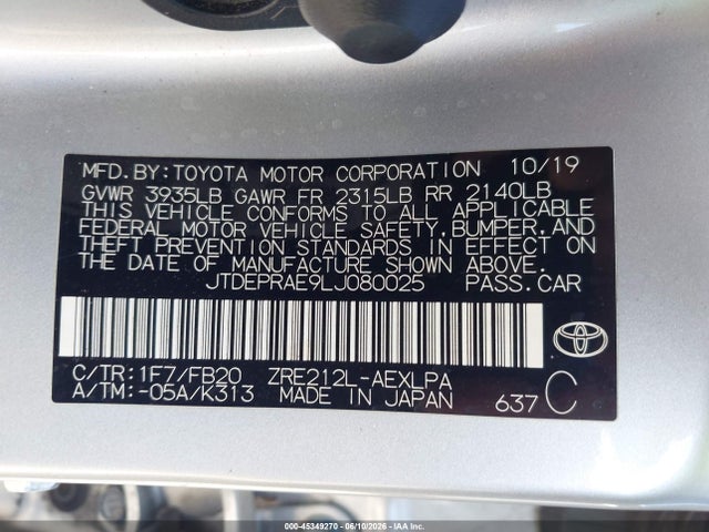 Aukcja sprzedaży 2020 Toyota Corolla Le, vin: JTDEPRAE9LJ080025, numer aukcji: 45349270
