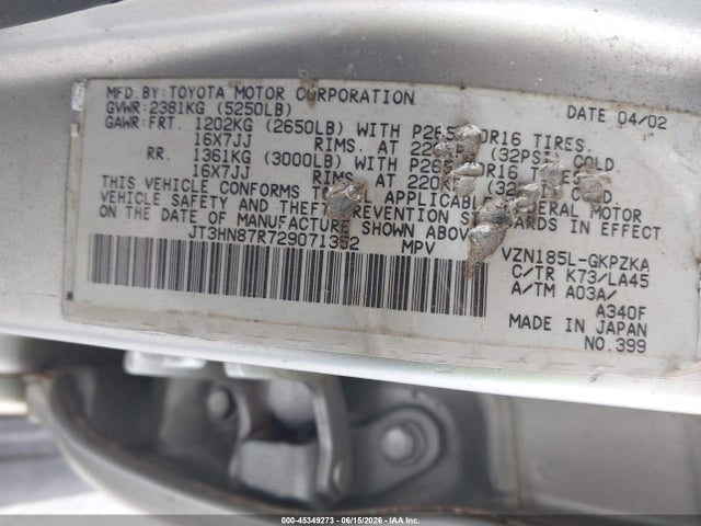 Aukcja sprzedaży 2002 Toyota 4runner Limited V6, vin: JT3HN87R729071352, numer aukcji: 45349273