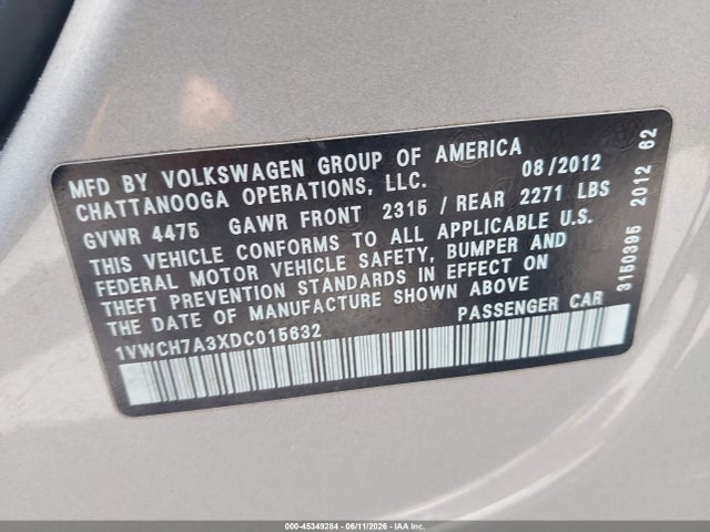 Продаж на аукціоні авто 2013 Volkswagen Passat 2.5l Sel, vin: 1VWCH7A3XDC015632, номер лоту: 45349284