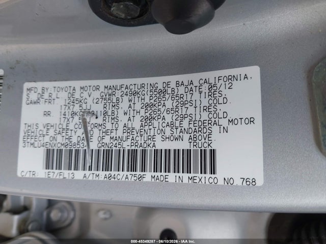 Продажа на аукционе авто 2012 Toyota Tacoma Base V6, vin: 3TMLU4ENXCM098534, номер лота: 45349287