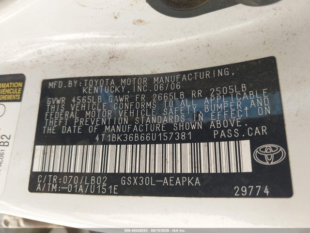 Aukcja sprzedaży 2006 Toyota Avalon Limited, vin: 4T1BK36B66U157381, numer aukcji: 45349293