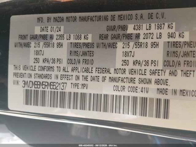 45349302 :رقم المزاد ، 3MVDMBBM5RM652137 vin ، 2024 Mazda Cx-30 2.5 S Select Sport مزاد بيع