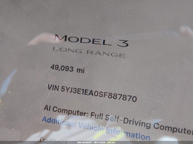 45349307 :رقم المزاد ، 5YJ3E1EA0SF887870 vin ، 2025 Tesla Model 3 Long Range Rear-wheel Drive/standard Rear-wheel Drive مزاد بيع