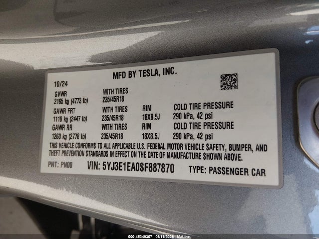 45349307 :رقم المزاد ، 5YJ3E1EA0SF887870 vin ، 2025 Tesla Model 3 Long Range Rear-wheel Drive/standard Rear-wheel Drive مزاد بيع