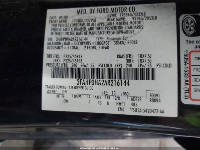 Продаж на аукціоні авто 2010 Ford Fusion Se, vin: 3FAHP0HA2AR216144, номер лоту: 45349312