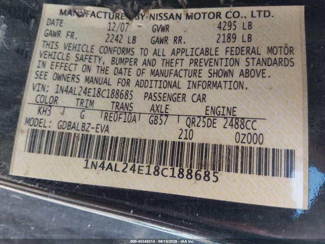 Продаж на аукціоні авто 2008 Nissan Altima 2.5 S, vin: 1N4AL24E18C188685, номер лоту: 45349314