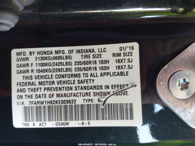 7FARW1H82KE009622 Honda Cr-v Ex-l