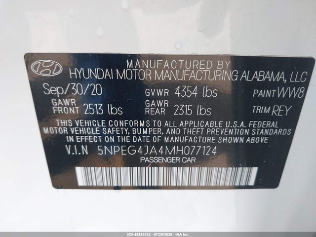 Aukcja sprzedaży 2021 Hyundai Sonata Se, vin: 5NPEG4JA4MH077124, numer aukcji: 45349352