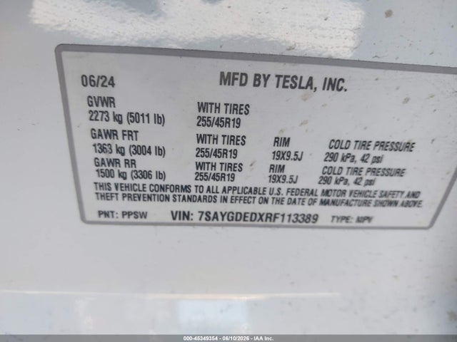 Aukcja sprzedaży 2024 Tesla Model Y Long Range Single Motor Rear-wheel Drive/rwd, vin: 7SAYGDEDXRF113389, numer aukcji: 45349354