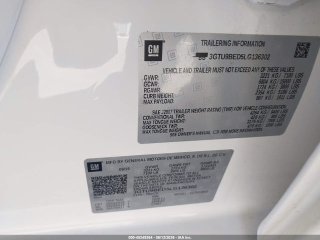 45349364 :رقم المزاد ، 3GTU9BED5LG136302 vin ، 2020 Gmc Sierra 1500 4wd  Short Box Sle مزاد بيع