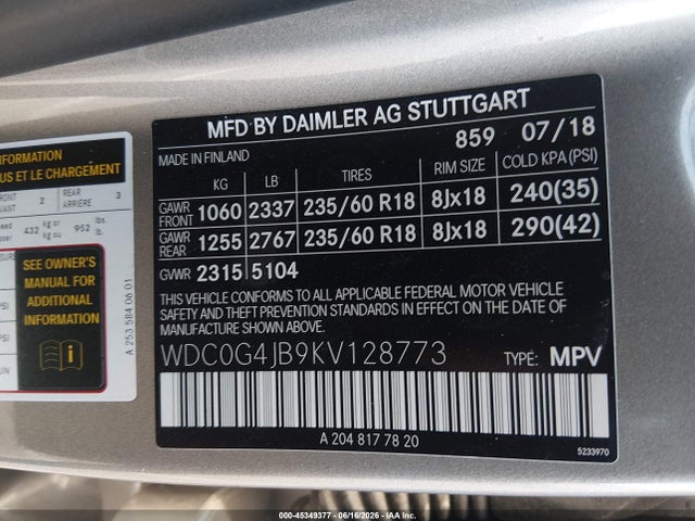 45349377 :رقم المزاد ، WDC0G4JB9KV128773 vin ، 2019 Mercedes-benz Glc 300 مزاد بيع
