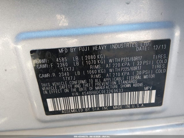 Продажа на аукционе авто 2014 Subaru Outback 2.5i Premium, vin: 4S4BRBDC0E3269633, номер лота: 45349379