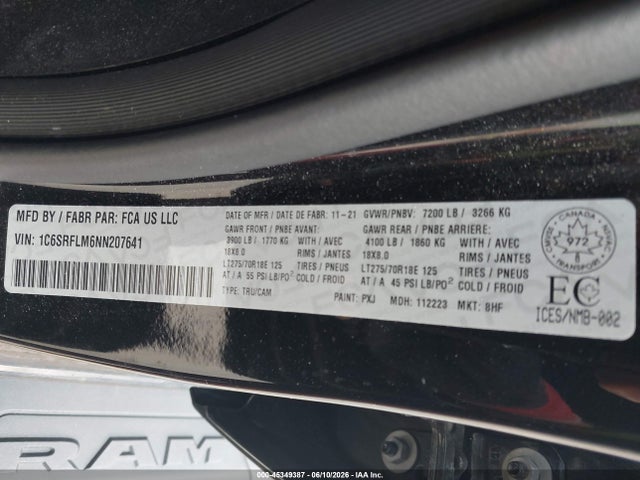 Продаж на аукціоні авто 2022 Ram 1500 Rebel, vin: 1C6SRFLM6NN207641, номер лоту: 45349387